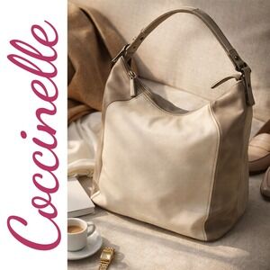 Coccinelle Italian Two-Tone Leather Hobo Shoulder Bag Cream Taupe Large Slouchy
